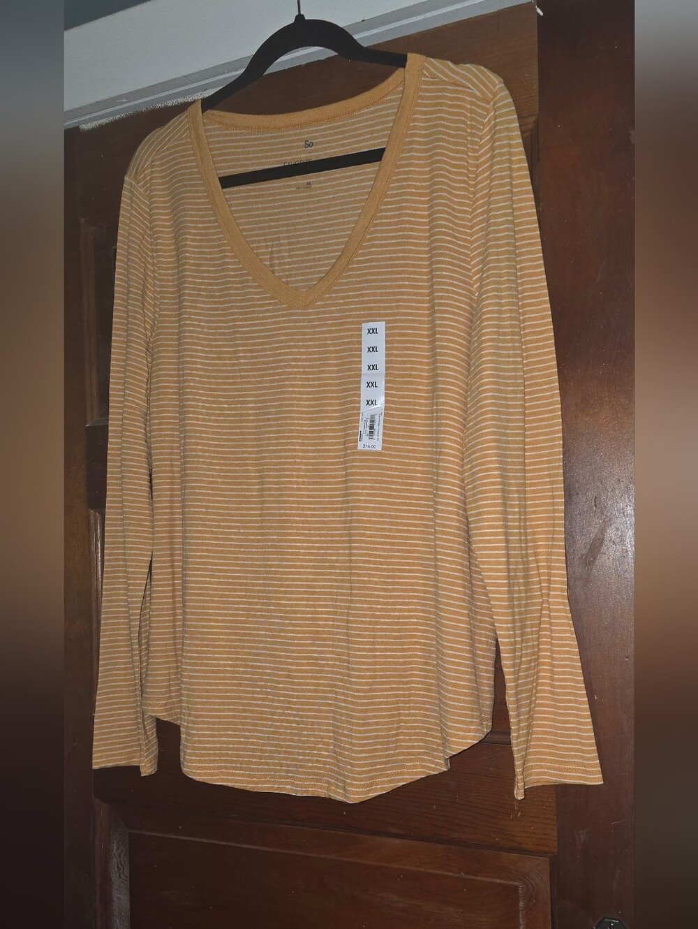 SO Favorite V-neck Striped V-Neck Long Sleeve Top in Mustard Yellow and White